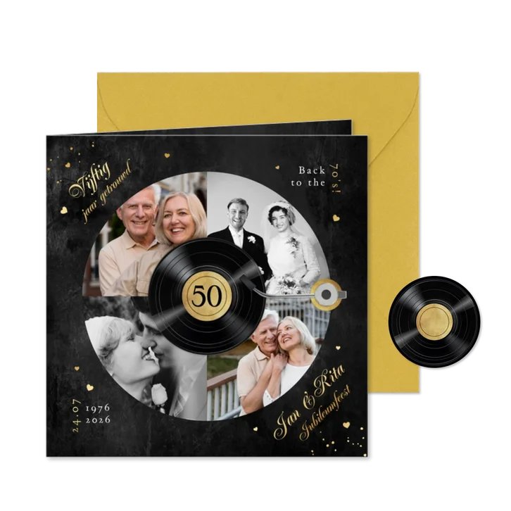 Uitnodigingskaart jubileum LP plaat muziek feestje goud foto