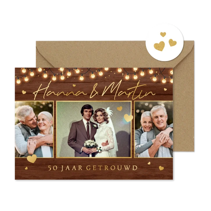 Uitnodigingskaart jubileumfeest hout goud lampjes confetti