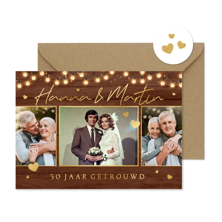 Uitnodigingskaart jubileumfeest hout goud lampjes confetti