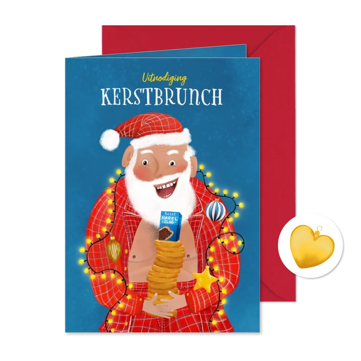 Uitnodigingskaart kerstbrunch met grappige kerstman