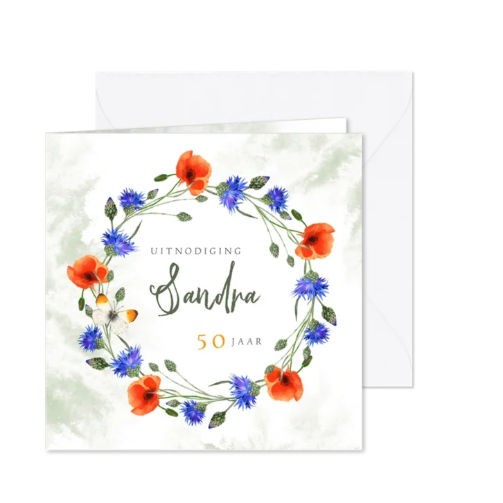 Uitnodigingskaart klaprozen en korenbloemen