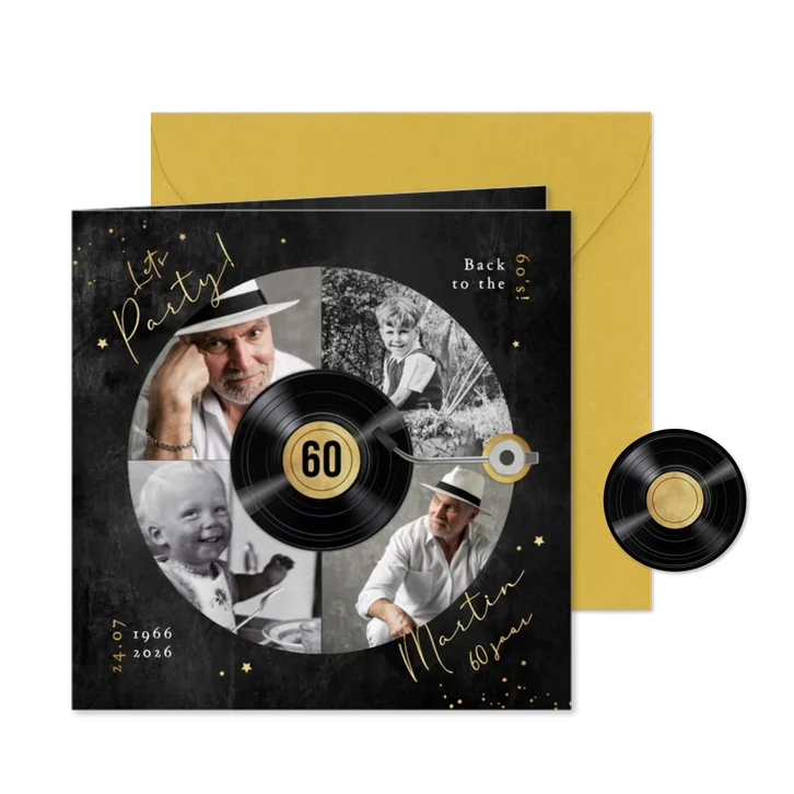 Uitnodigingskaart LP plaat muziek feestje goud foto