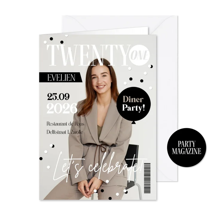 Uitnodigingskaart magazine cover twenty one 21 confetti