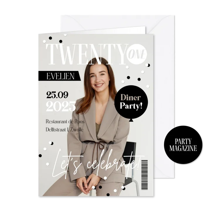 Uitnodigingskaart magazine cover twenty one 21 confetti