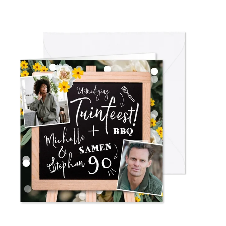 Uitnodigingskaart met krijtbord, bloemen en confetti