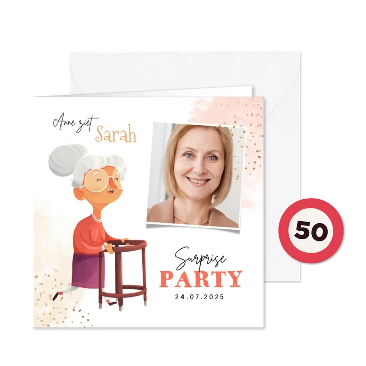 Uitnodigingskaart Sarah 50 jaar surprise grappig foto