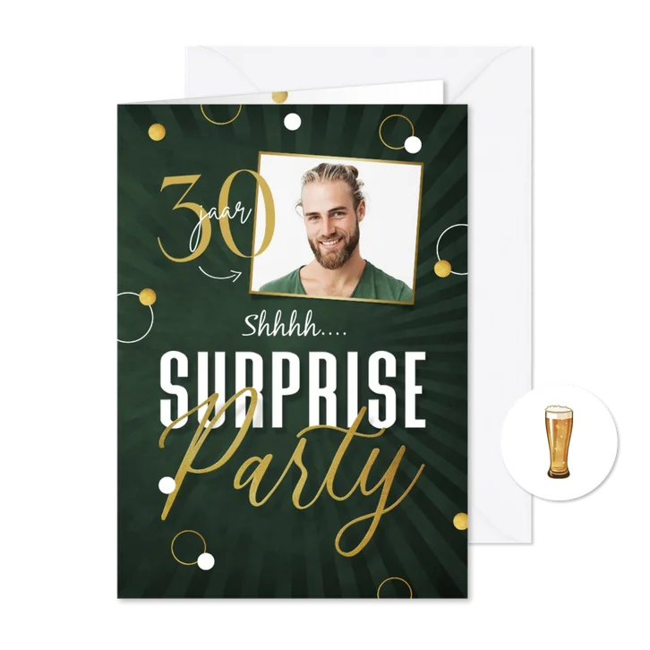 Uitnodigingskaart surprise party goud confetti foto