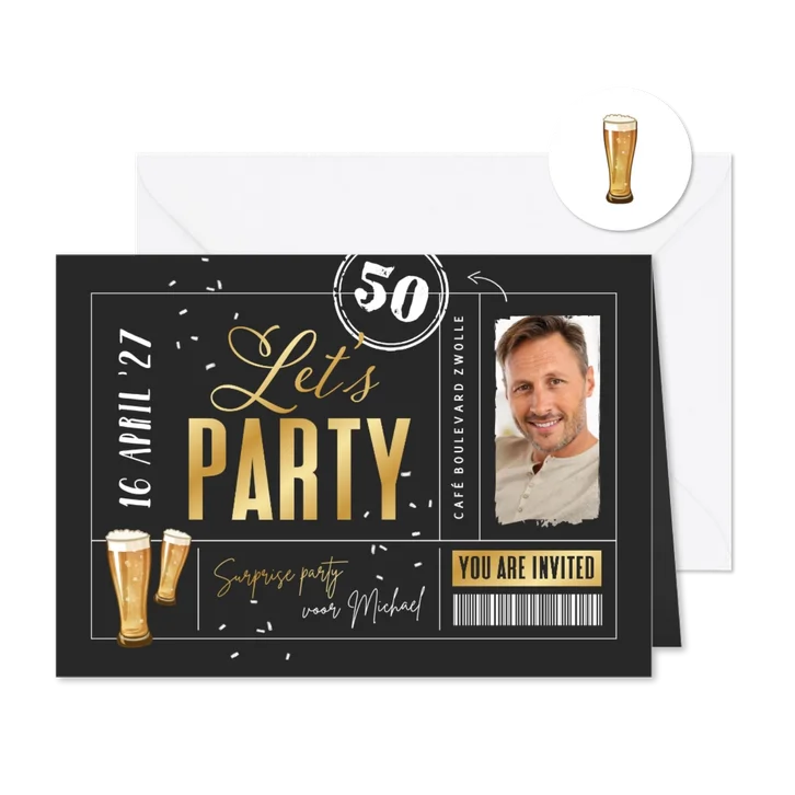 Uitnodigingskaart ticket goud verjaardag man goud confetti