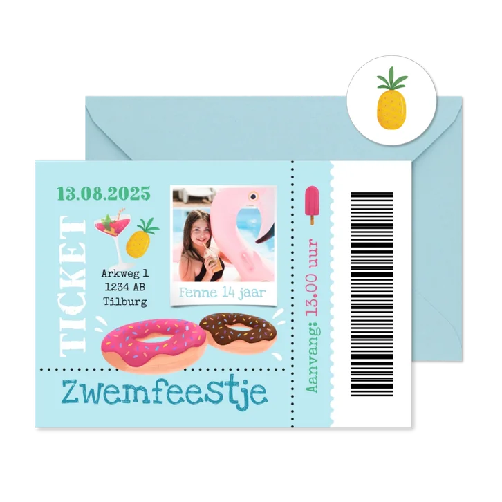 Uitnodigingskaart ticket zwemfeestje tropisch donut foto 
