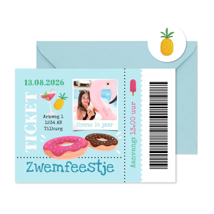 Uitnodigingskaart ticket zwemfeestje tropisch donut foto 