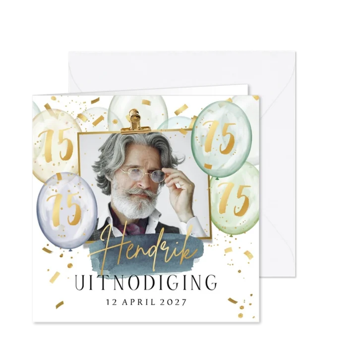 Uitnodigingskaart verjaardag getal ballonnen goud confetti