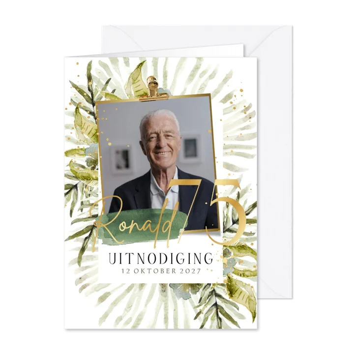 Uitnodigingskaart verjaardag getal goudfolie botanisch foto