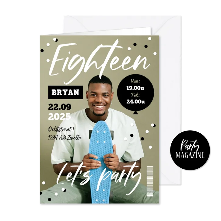 Uitnodigingskaart verjaardag magazine cover confetti man