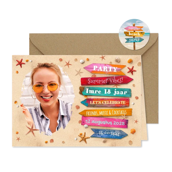 Uitnodigingskaart verjaardag summer beach party wegwijzers
