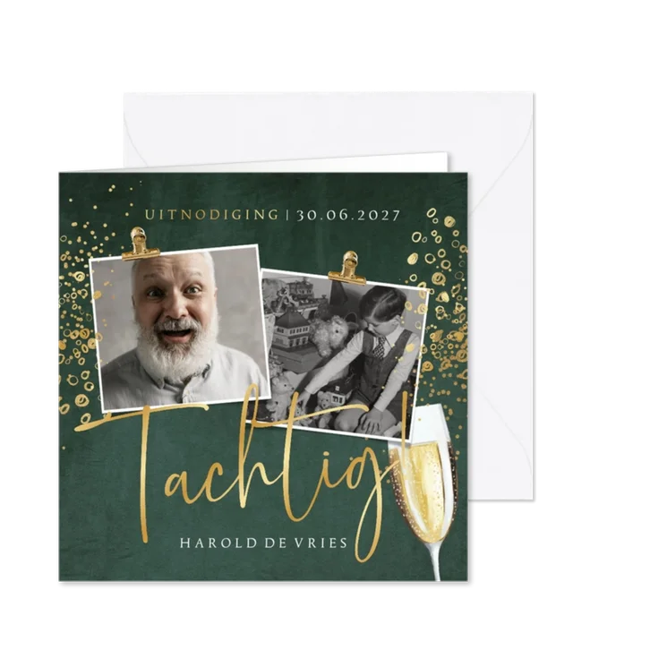 Uitnodigingskaart verjaardag 'Tachtig!' goudlook bubbels
