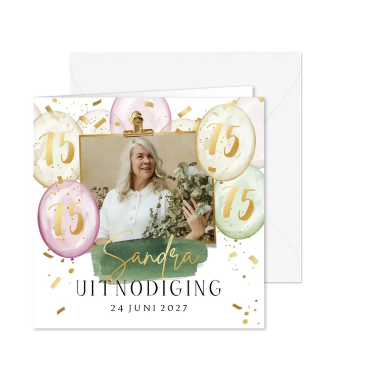 Uitnodigingskaart verjaardag vrouw ballonnen goud confetti