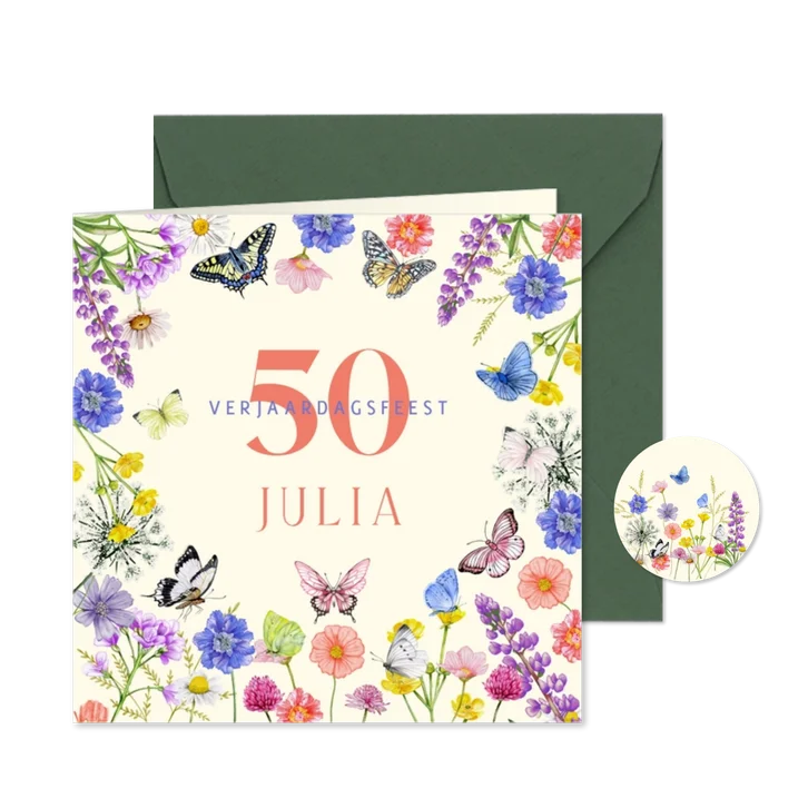 Uitnodigingskaart vlinders met veldbloemen