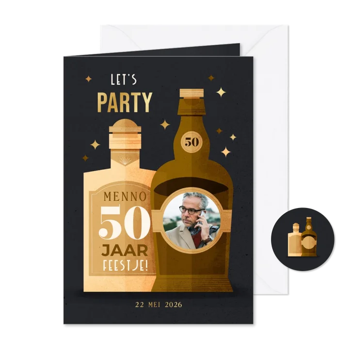 Uitnodigingskaart whisky met foto 50 jaar aanpasbaar