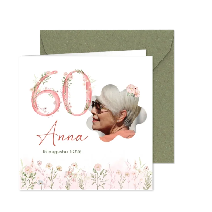 Uitnodigingskaart zestig jaar in aquarel met pastelbloemen