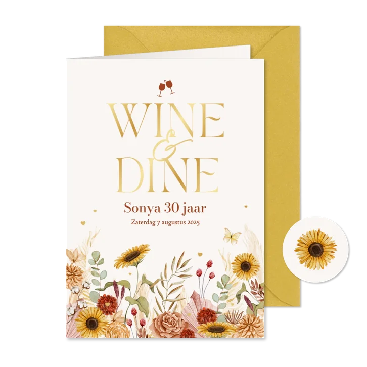 Uitnodigingskaarten wine & dine etentje borrel bloemen