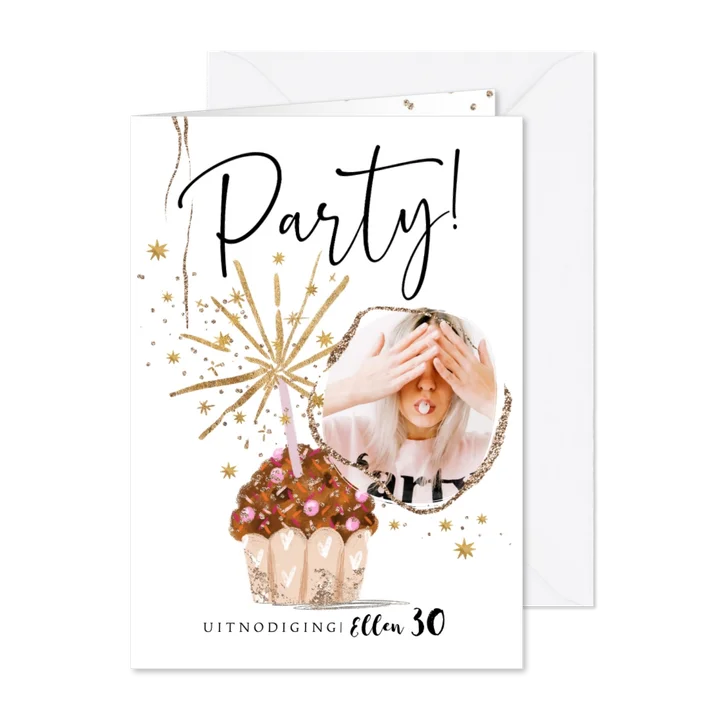 Uitnoding verjaardag party goudlook illustratie muffin ster