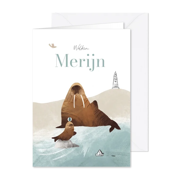 Uniek geboortekaartje strand dieren walrus vuurtoren