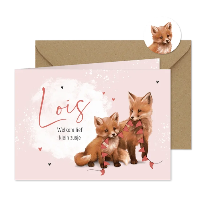 Uniek geboortekaartje vosje zusjes vlaggetjes dieren verf