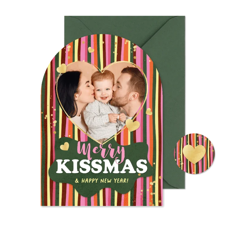 Unieke hippe kerstkaart boogvorm strepen hartjes foto goud