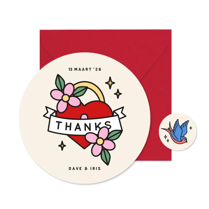 Unieke ronde trouwkaart bedankt in tattoo stijl