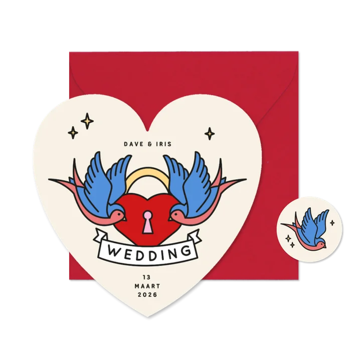 Unieke trouwkaart hartje met tattoo stijl vogels