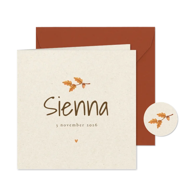 Unisex geboortekaartje herfst takje kraft papier hartje