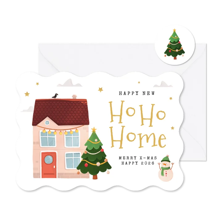 Verhuisbericht golfvorm huis kerstboom sneeuwpop ho ho home