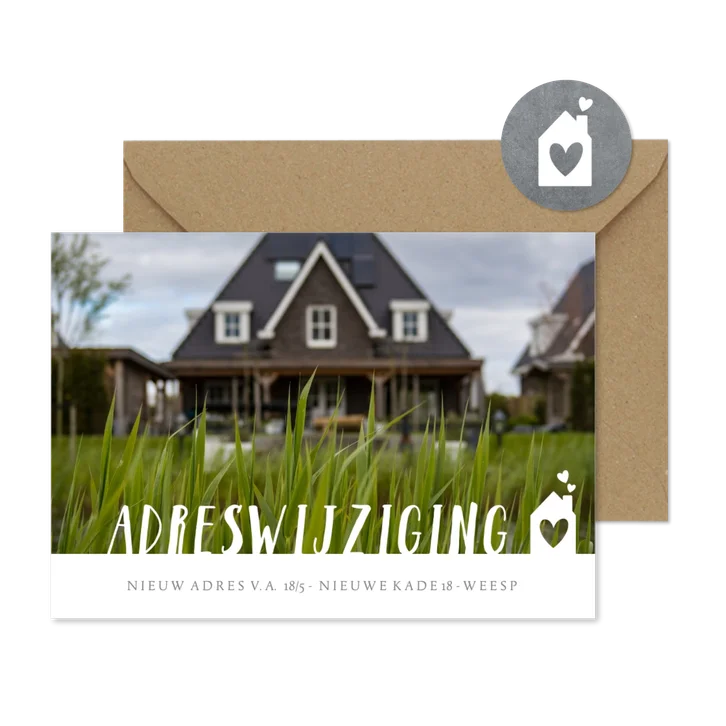 Verhuiskaart adreswijziging met grote foto, tekst en huisje