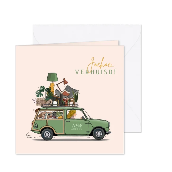 Verhuiskaart auto Mini Traveller met spullen