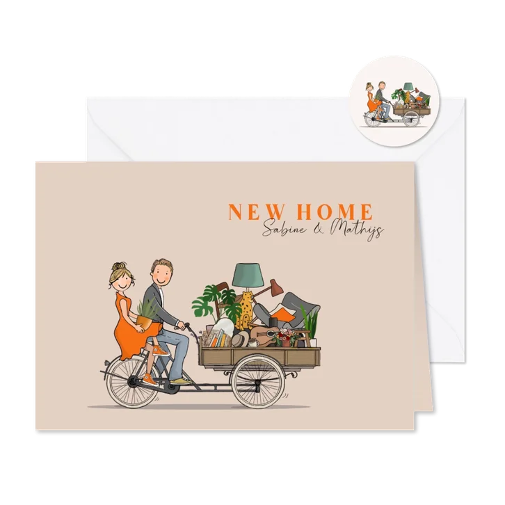 Verhuiskaart bakfiets met stel en verhuisspullen