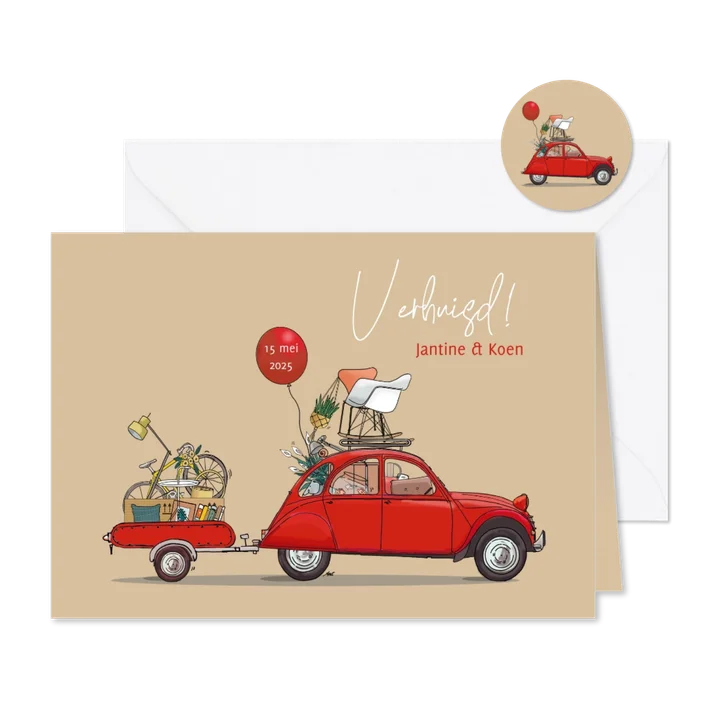 Verhuiskaart Citroën 2cv met aanhangwagen