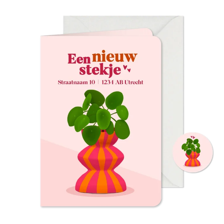 Verhuiskaart een nieuw stekje met een plant in moderne pot