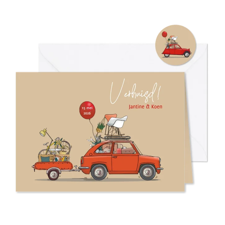 Verhuiskaart eendje met aanhangwagen