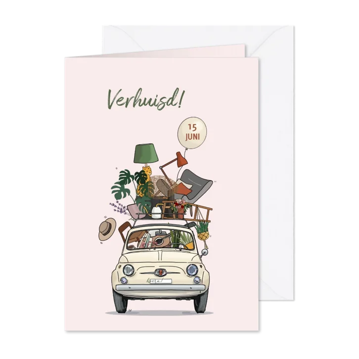 Verhuiskaart Fiat 500 beige met verhuisspullen