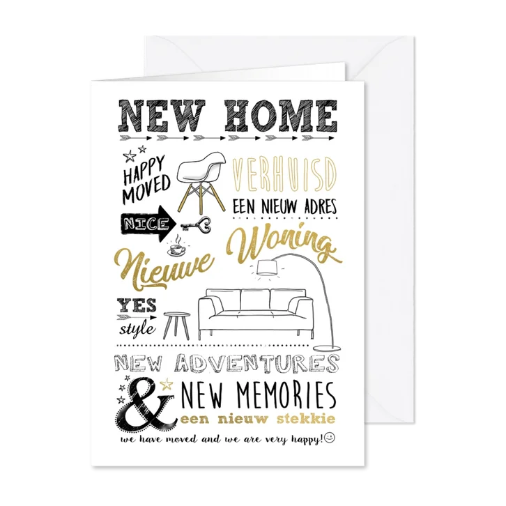 Verhuiskaart handlettering goudkleurig 