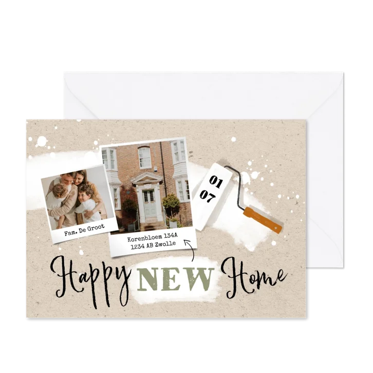 Verhuiskaart 'Happy new home' met verfroller en spetters