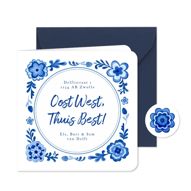 Verhuiskaart hollands tegeltje delfts blauw spreuk