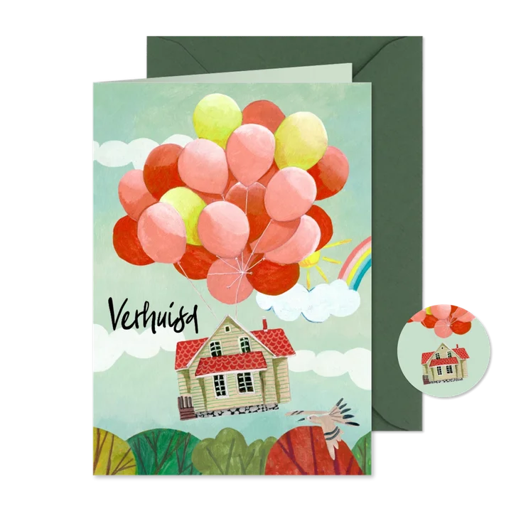 Verhuiskaart huis aan ballonnen in de lucht