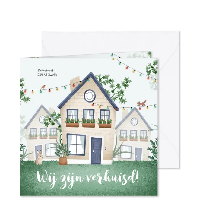 Verhuiskaart huis illustratie feest dieren planten