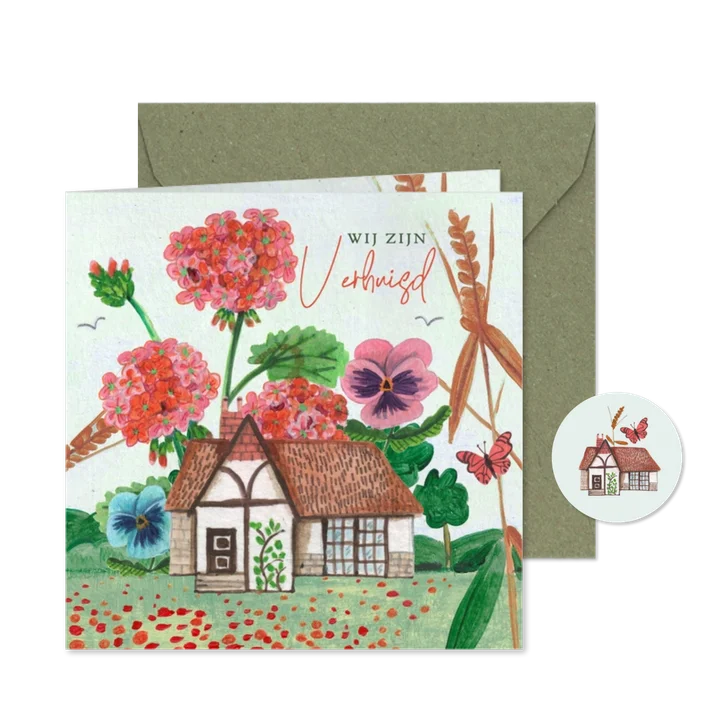Verhuiskaart huis in landschap met bloemen