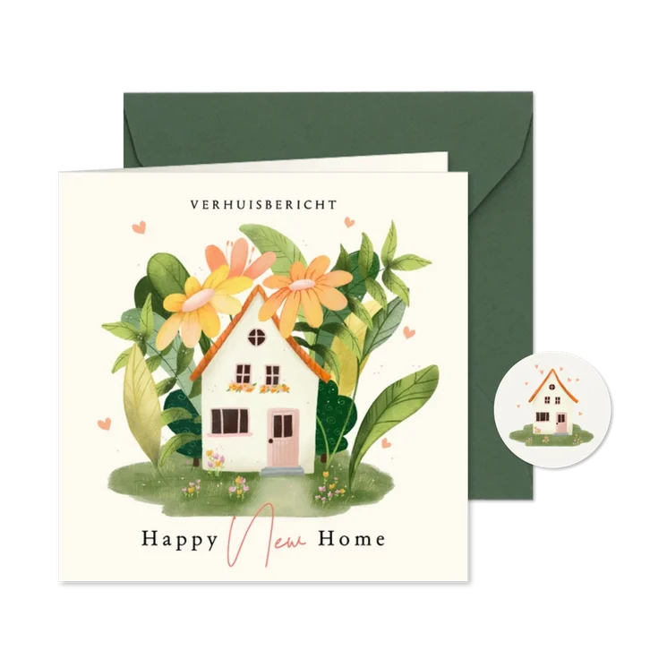 Verhuiskaart huis met grote bloemen planten en hartjes