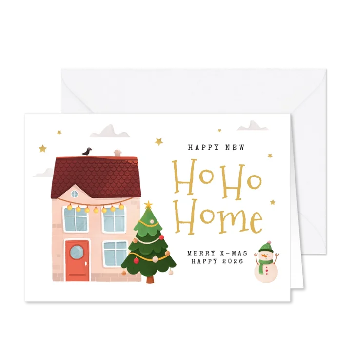 Verhuiskaart huisje kerstboom sneeuwpop sterren home