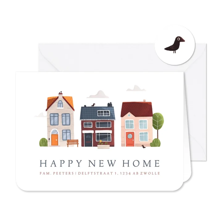 Verhuiskaart huisjes boompjes vogeltjes illustratie sleutel