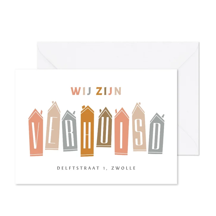 Verhuiskaart huisjes verhuisd modern typografisch