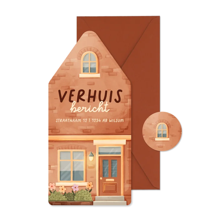 Verhuiskaart in huisvorm huisje met plantjes